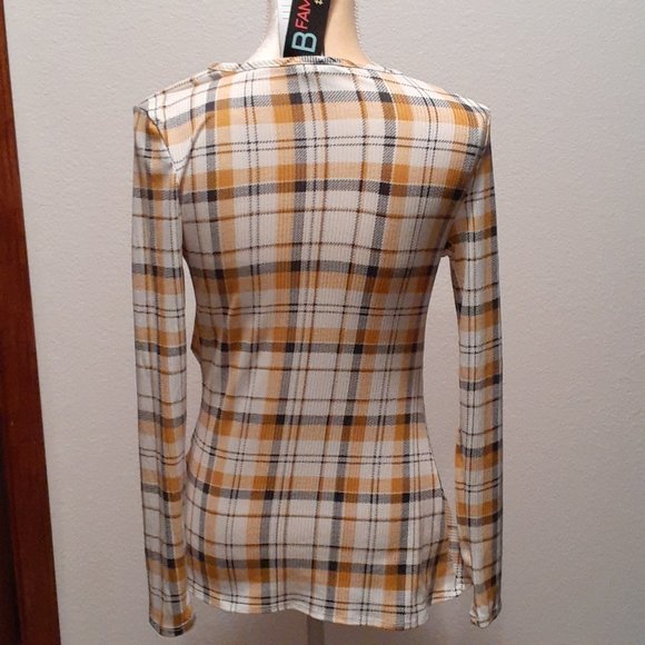 B Famous #USA Gold Black Cream Gingham Squares Asymetrical Shirt - Size Medium - Picture 5 of 7